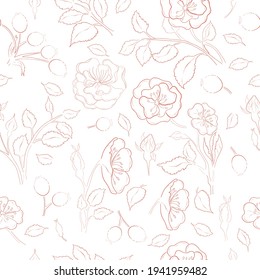Seamless Pattern made of Dog-Rose Branches, Flowers and leaves. Hand Drawn, Contour only Briar Isolated on White Background. Ideal for Magazine, Recipe book, Poster, Cards, Menu cover etc.