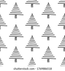 Patrón sin foco hecho de abetos abstractos de garabatos. Aislado sobre fondo blanco. Ilustración de material vectorial.