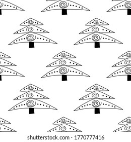 Seamless pattern made from doodle abstract fir trees. Isolated on white background. Vector stock illustration.