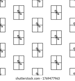 Seamless pattern made from doodle gift boxes with bow. Isolated on white background. Vector stock illustration.
