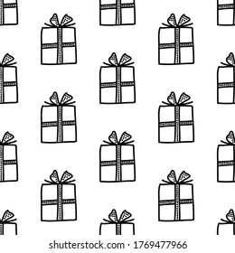 Seamless pattern made from doodle gift boxes with bow. Isolated on white background. Vector stock illustration.