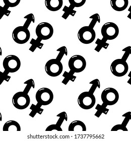 Seamless pattern made from doodle male and female symbols. Isolated on white background. Vector stock illustration.