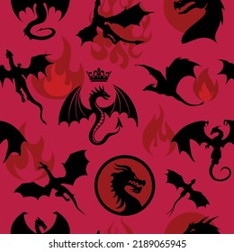 Nahtlose Muster aus Drachen, Flügeldrachen und Feuer. Endloses Muster für den Druck auf Verpackungen, Wrapper, Umschläge, Karten, Kleidung oder Zubehör. Tapete oder Poster für die Serie House of the Dragon.