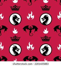 Seamless pattern made up of dragons, wyverns, crowns and fire on the red background. Endless repeating texture for printing on package, wrappers, envelopes, cards, fabric or gift paper. Gothic design.