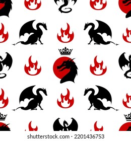 Seamless pattern made up of dragons, wyverns, crowns and fire on red background. Black, red, white endless repeating texture for printing on package, wrappers, envelopes, cards, fabric or gift paper.