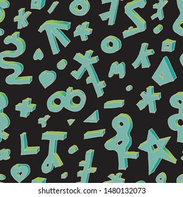 Seamless pattern made with drawing of unusual symbols. Symbols are three dimensional with gradient shadows. It has retro vibe. Turquoise, bright green & black.
