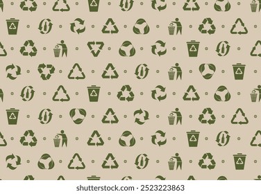 Padrão contínuo feito com símbolo de ecologia. Eco padrão verde com sinal de reciclagem. Modelo de design ecológico para fundo e texturas. Ilustração de desenho animado plano. Ilustração de sinais reciclados de vetor.