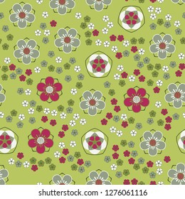 Seamless pattern made up of five-petal abstract flowers. Spring colors.