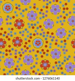 Seamless pattern made up of five-petal abstract flowers. Spring colors.