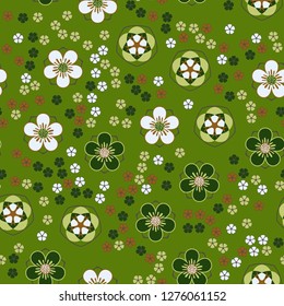 Seamless pattern made up of five-petal abstract flowers. Spring colors.