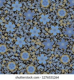 Seamless pattern made up of five-petal abstract flowers. Spring colors. Background consisting of small quadrangles.