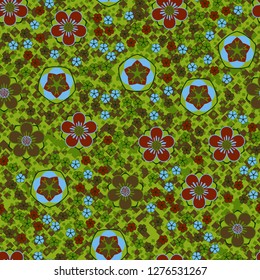 Seamless pattern made up of five-petal abstract flowers. Spring colors. Background consisting of small quadrangles.