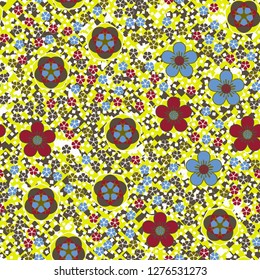 Seamless pattern made up of five-petal abstract flowers. Spring colors. Background consisting of small quadrangles.