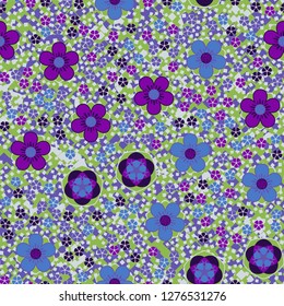 Seamless pattern made up of five-petal abstract flowers. Spring colors. Background consisting of small quadrangles.
