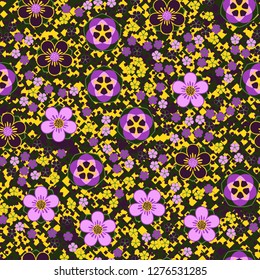 Seamless pattern made up of five-petal abstract flowers. Spring colors. Background consisting of small quadrangles.