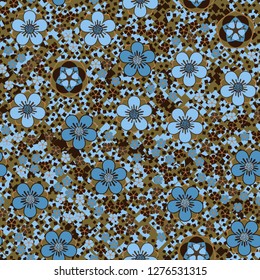 Seamless pattern made up of five-petal abstract flowers. Spring colors. Background consisting of small quadrangles.