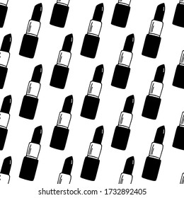 Seamless pattern made from flat doodle lipstick. Isolated on white background. Vector stock illustration.