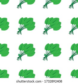 Seamless pattern made from flat green doodle bunch of spinach. Isolated on white background. Vector stock illustration.