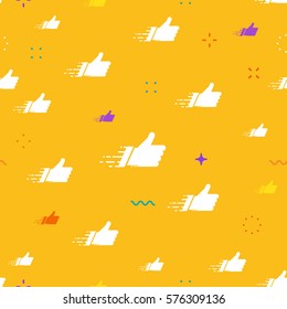 Seamless pattern made of flat thumbs up symbols. Golden background. Abstract networks concept for social media banners. Colorful tiling vector composition with white cloud of isolated likes and stars