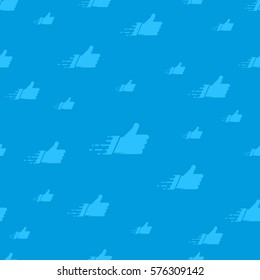 Seamless pattern made of flat thumbs up symbols on blue background. Abstract networks concept for social media banners. Colorful tiling vector composition with cyan cloud of isolated likes