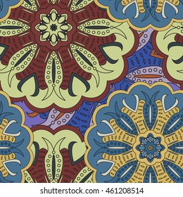 Seamless pattern made in floral oriental style. Multicolored background with mandalas. Vector illustration in eastern style for design of front-side or wrapper. Vintage decor.