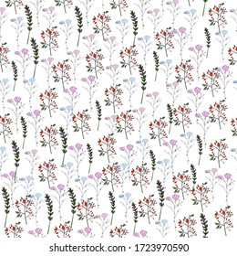 Seamless pattern made of flower, herbs, berries, multicolored. Hand drawn vector illustration, doodle style. 