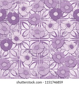 A seamless pattern made up of flowers arranged on an abstract background with a grid made up of four-sided elements.