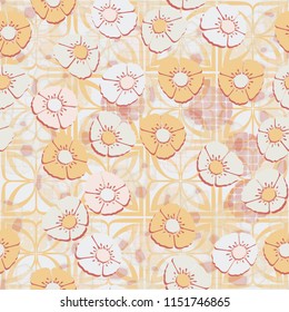 A seamless pattern made up of flowers arranged on an abstract background with a grid made up of four-sided elements.