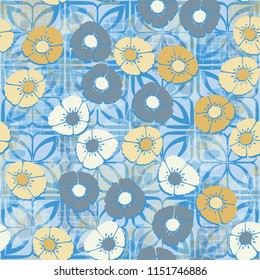 A seamless pattern made up of flowers arranged on an abstract background with a grid made up of four-sided elements.