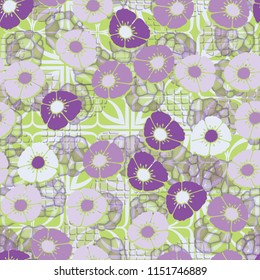 A seamless pattern made up of flowers arranged on an abstract background with a grid made up of four-sided elements.