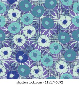 A seamless pattern made up of flowers arranged on an abstract background with a grid made up of four-sided elements.