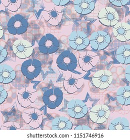 A seamless pattern made up of flowers arranged on an abstract background with five-pointed stars.