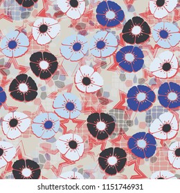 A seamless pattern made up of flowers arranged on an abstract background with five-pointed stars.