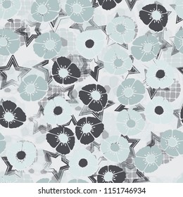A seamless pattern made up of flowers arranged on an abstract background with five-pointed stars.