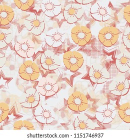 A seamless pattern made up of flowers arranged on an abstract background with five-pointed stars.