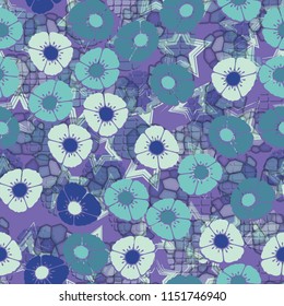 A seamless pattern made up of flowers arranged on an abstract background with five-pointed stars.