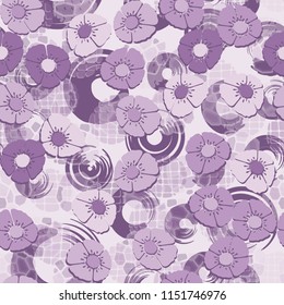 A seamless pattern made up of flowers arranged on an abstract background with circles.