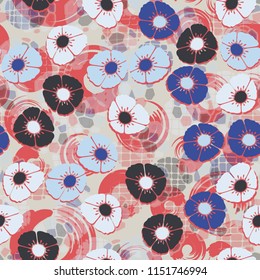 A seamless pattern made up of flowers arranged on an abstract background with circles.