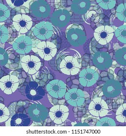 A seamless pattern made up of flowers arranged on an abstract background with circles.