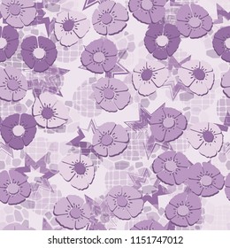 A seamless pattern made up of flowers, arranged on an abstract background with seven-pointed stars.