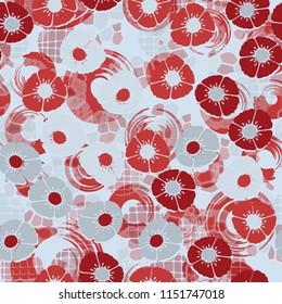 A seamless pattern made up of flowers arranged on an abstract background with circles.