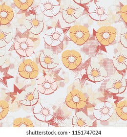 A seamless pattern made up of flowers, arranged on an abstract background with seven-pointed stars.