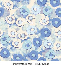 A seamless pattern made up of flowers, arranged on an abstract background with seven-pointed stars.