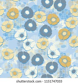 A seamless pattern made up of flowers, arranged on an abstract background with seven-pointed stars.