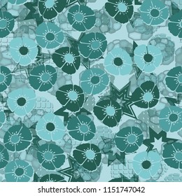 A seamless pattern made up of flowers, arranged on an abstract background with seven-pointed stars.