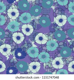 A seamless pattern made up of flowers, arranged on an abstract background with seven-pointed stars.