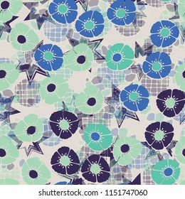 A seamless pattern made up of flowers, arranged on an abstract background with seven-pointed stars.