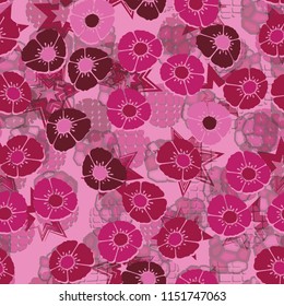 A seamless pattern made up of flowers, arranged on an abstract background with seven-pointed stars.