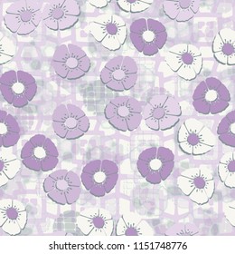 A seamless pattern made up of flowers, arranged on an abstract background with a grid incorporating small hearts.