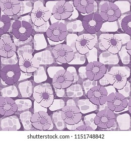 A seamless pattern made up of flowers arranged on an abstract background with a grid of rounded shapes.